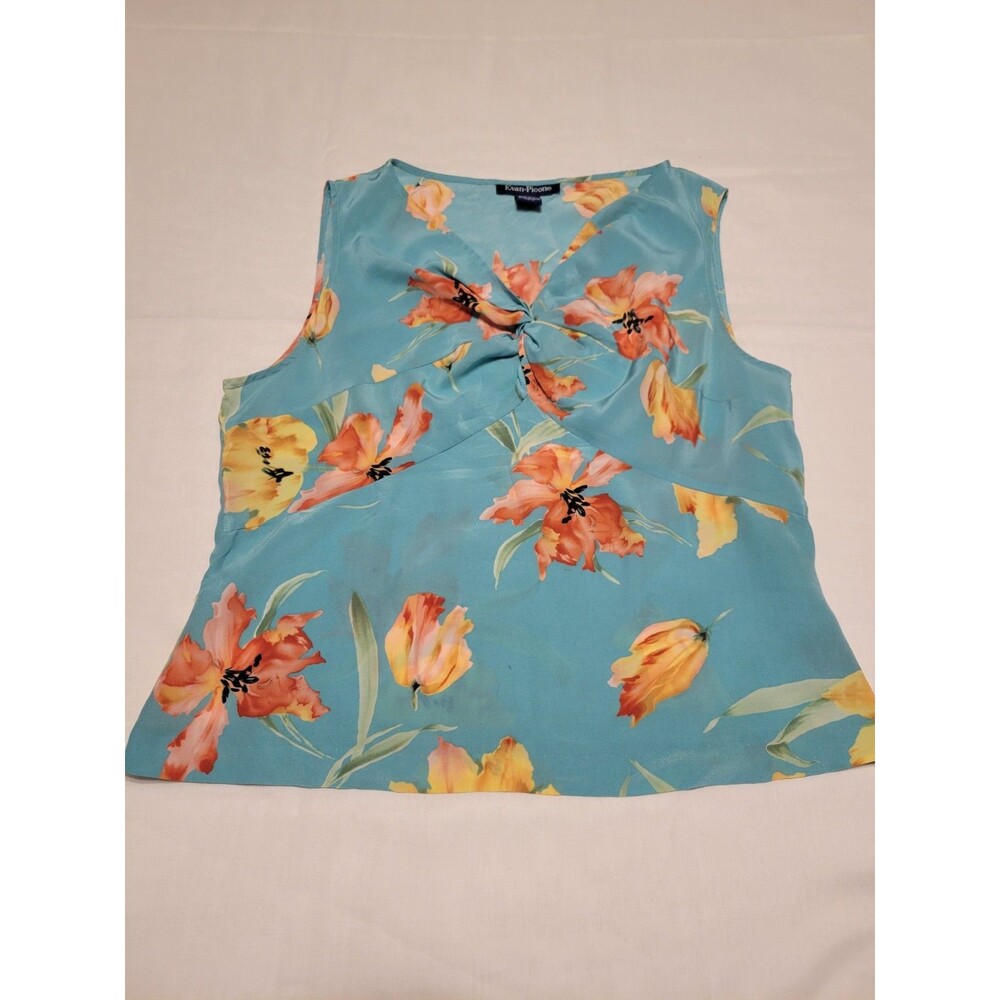 Evan-Picone Women's Sleeveless Blouse Silk Blue Floral Twist Front Size 16